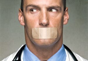 Doctor with mouth taped shut